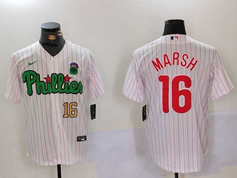 Mens Philadelphia Phillies #16 Brandon Marsh White Green Cool Base Stitched Jerseys